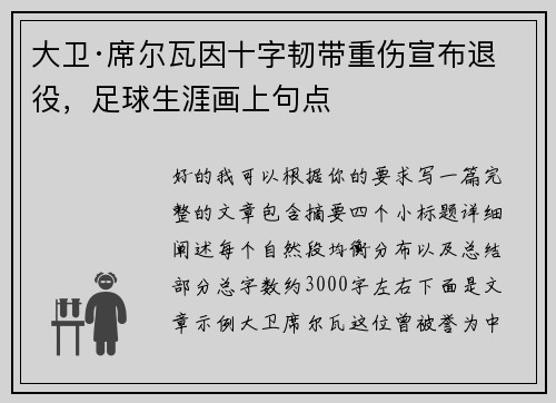 大卫·席尔瓦因十字韧带重伤宣布退役，足球生涯画上句点
